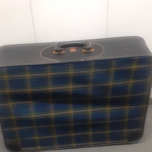 Vtg LEED'S CanvasLuggage SUITCASE PLAID NAVY
